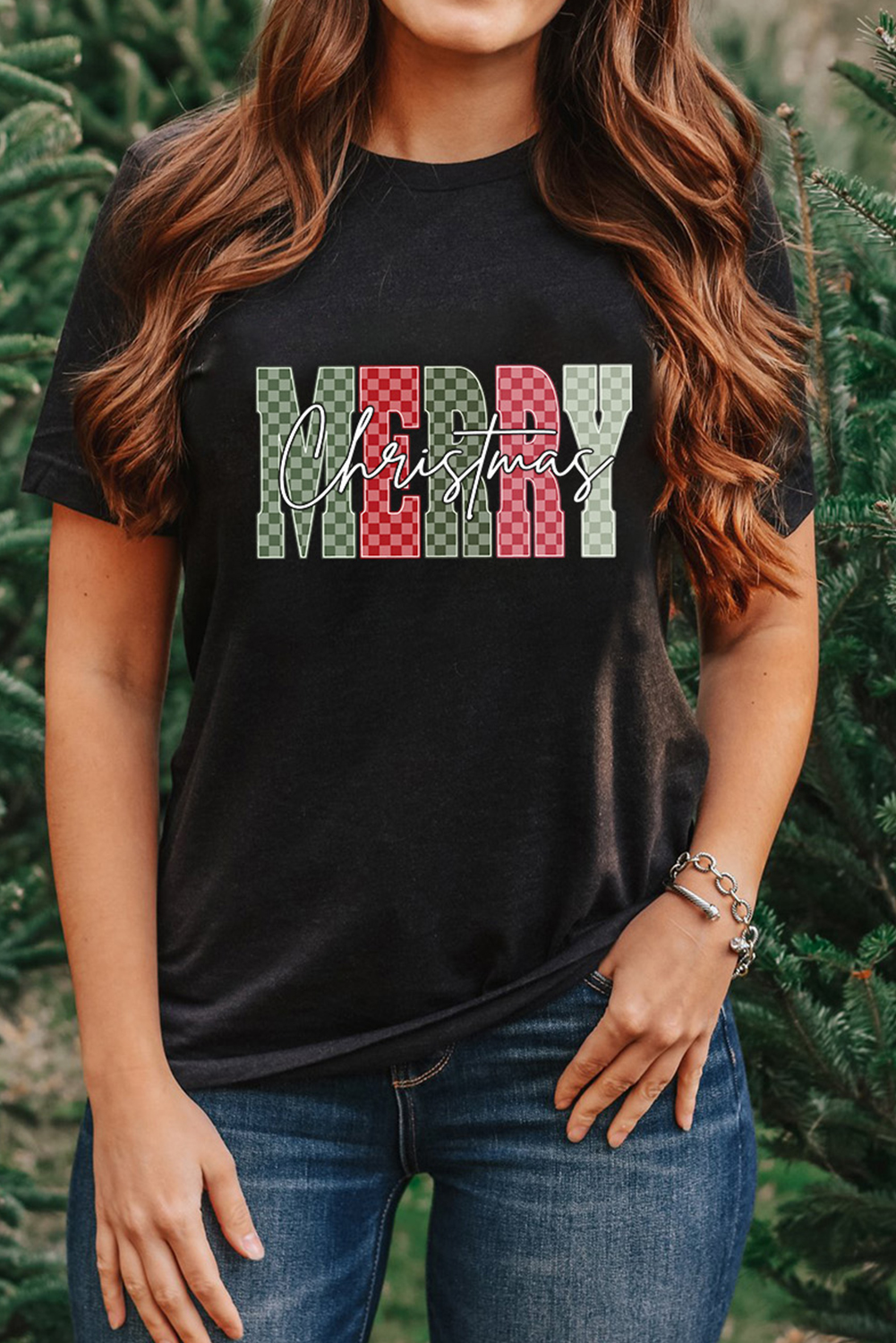 Black Plaid Checkered MERRY Christmas Graphic Crew Neck Tee - loveforevers