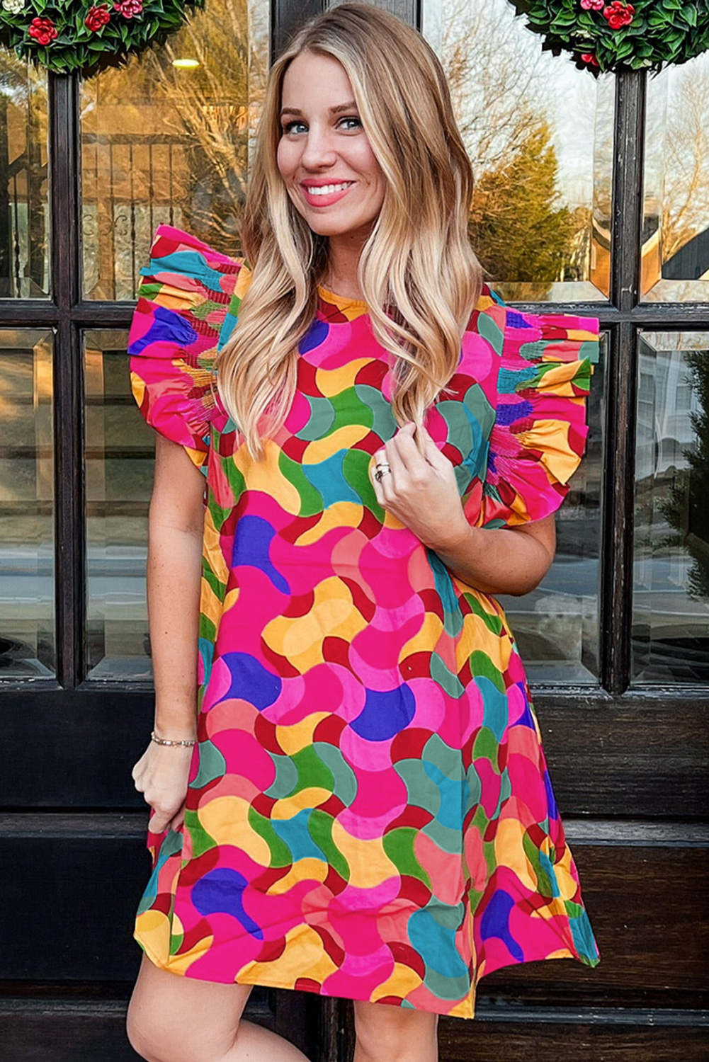 Rose Red Dramatic Ruffle Sleeve Smock Neck Wavy Print Top - loveforevers