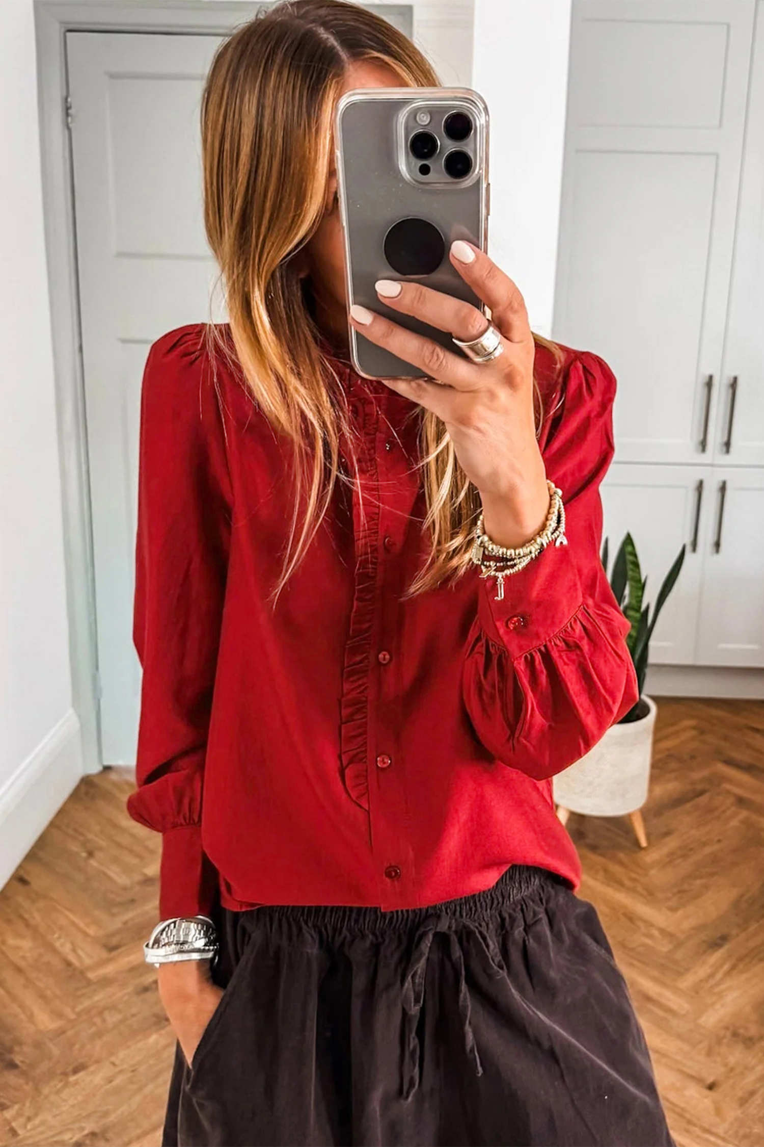 Fiery Red Frilled Trim Button Up Pleated Long Sleeve Shirt - loveforevers