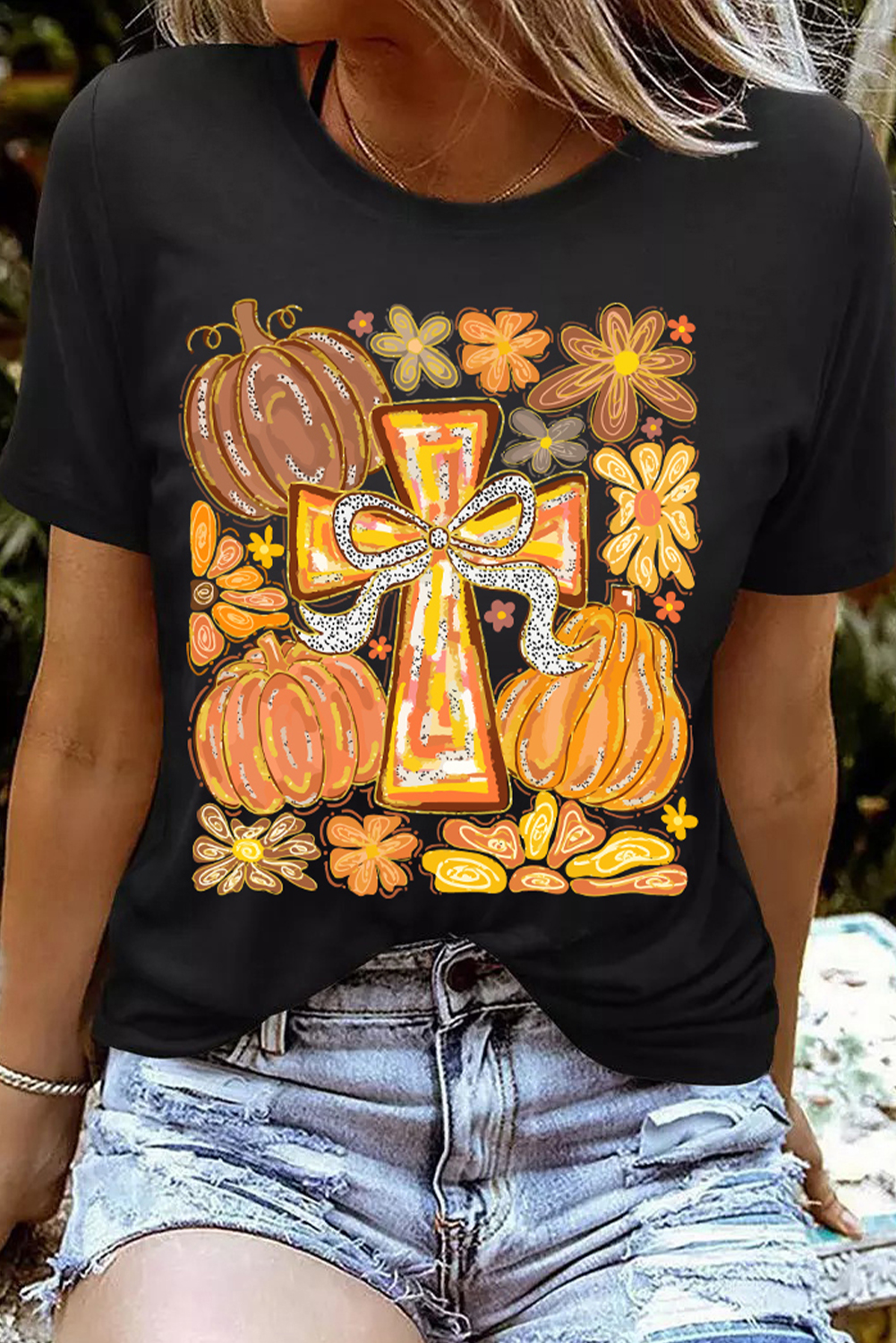 Black Thanksgiving Pray Cross Pumpkin Graphic Cotton Blend Tee - loveforevers