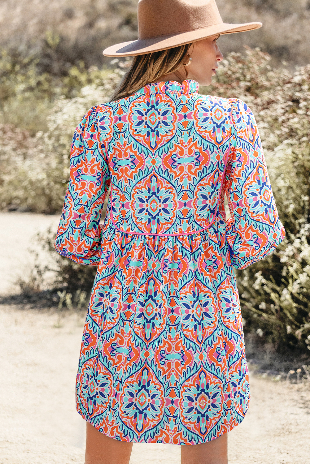 Khaki Abstract Printed Long Sleeve Tied Neckline Mini Dress - loveforevers
