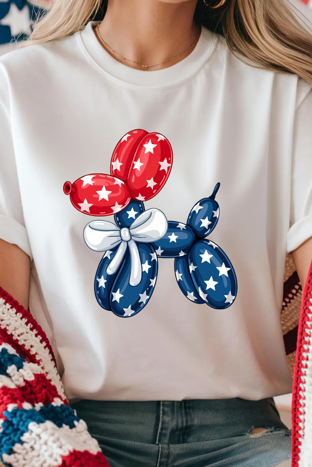 White American Flag Inspired Balloon Dog Graphic Cotton Blend T Shirt - loveforevers