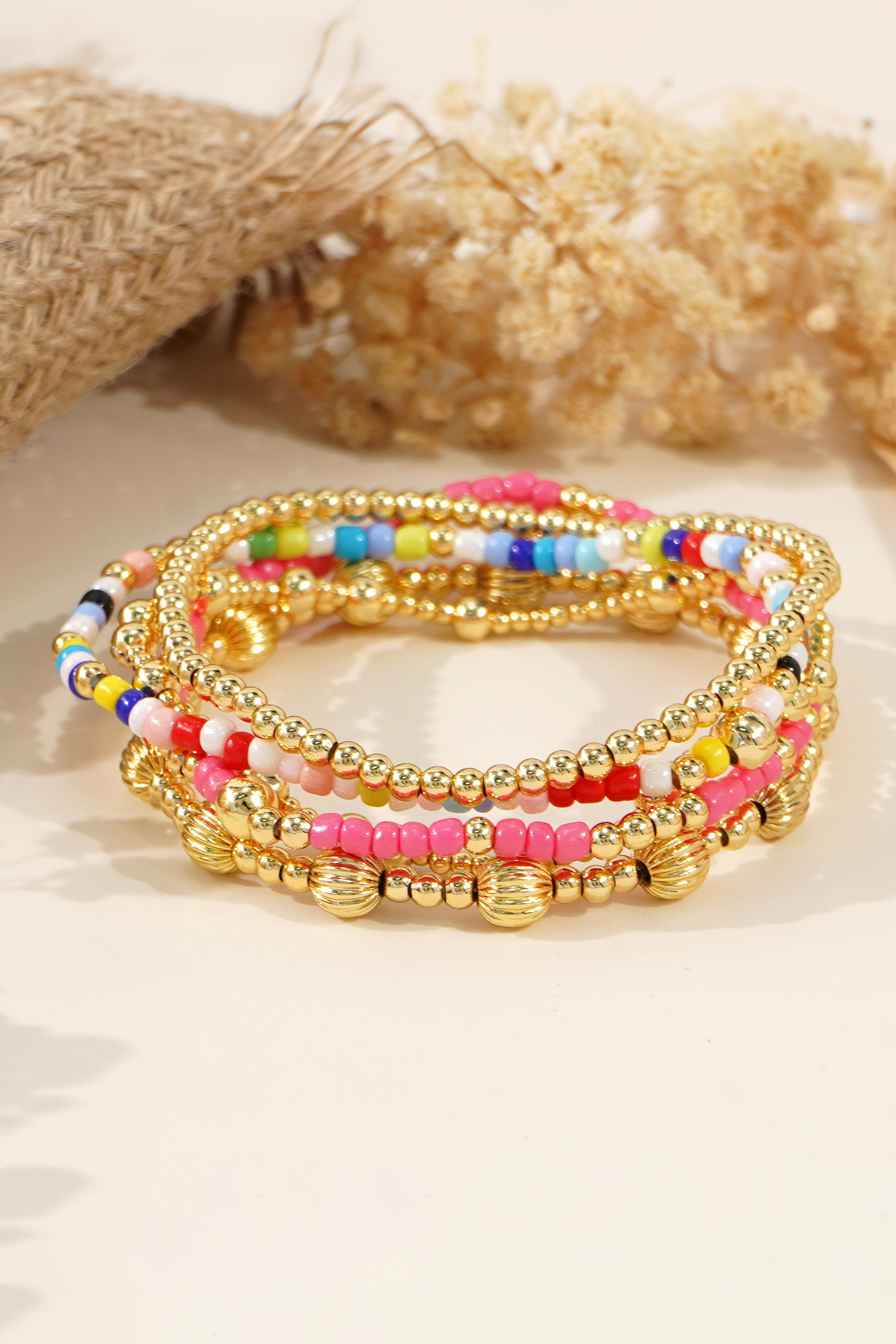 Gold 5pcs Vibrant Beading Stackable Elastic Bracelet Set - loveforevers