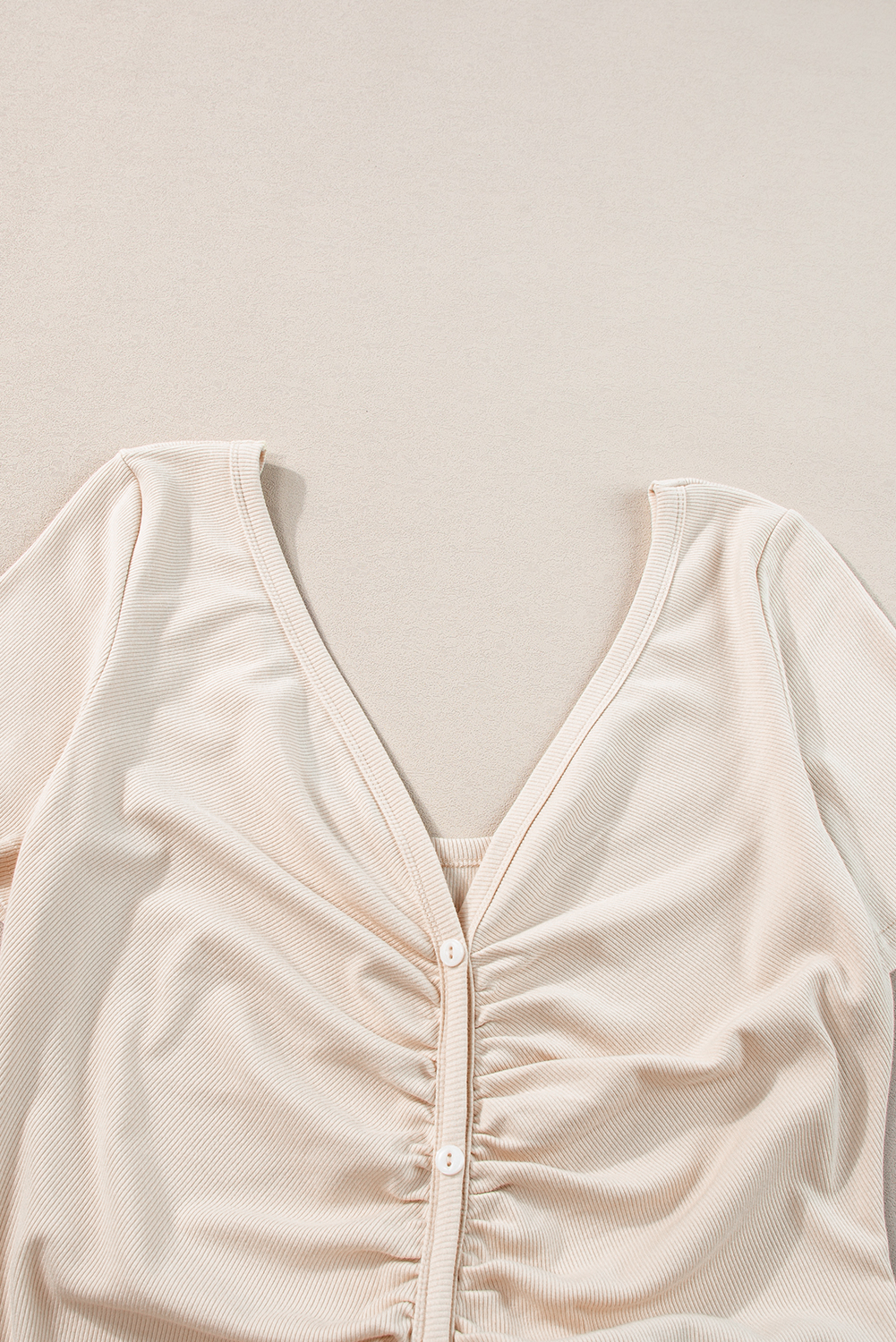 Beige V Neck Ruched Button Front French T-shirt Dress - loveforevers