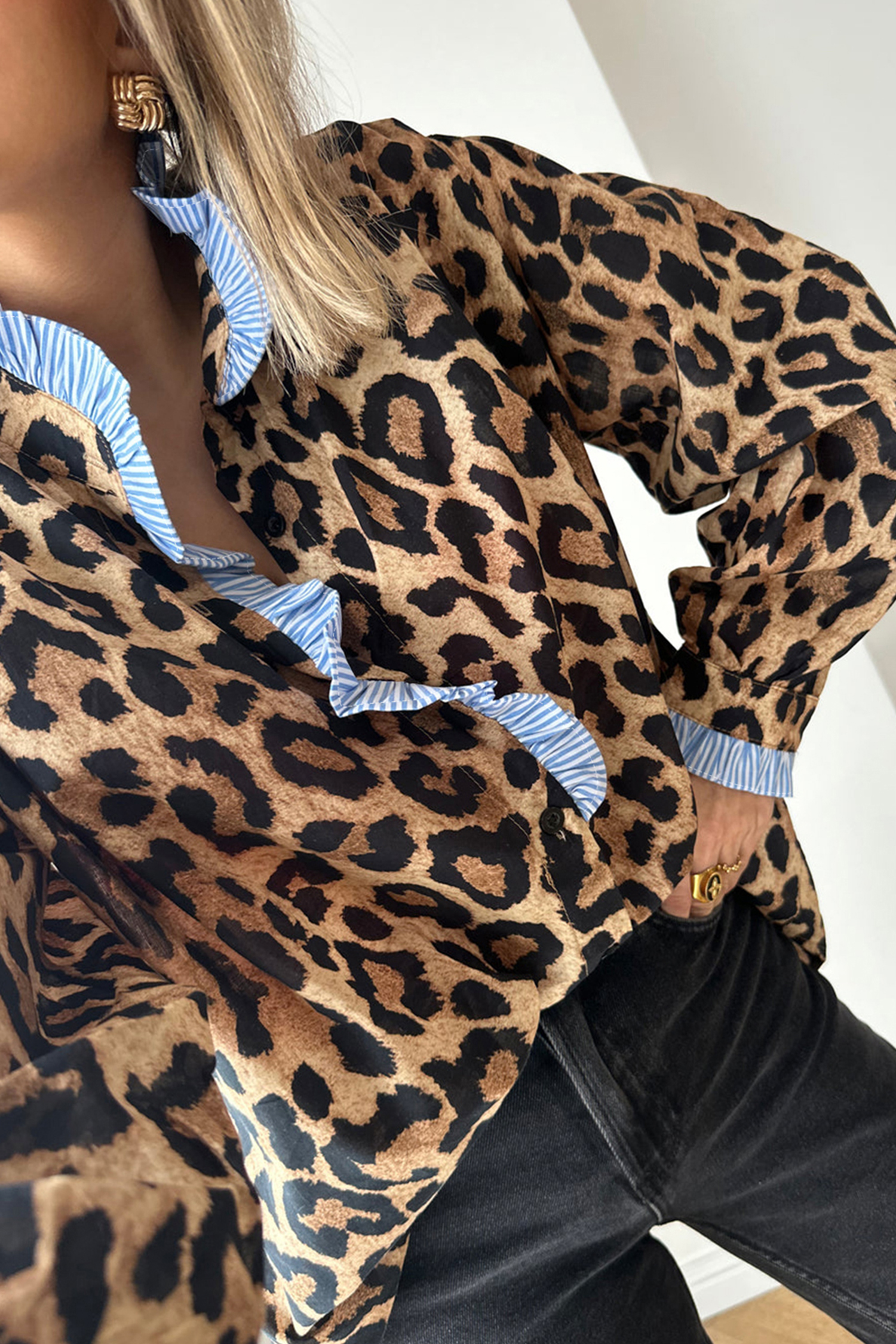 Brown Wild Leopard Print Contrast Striped Frilled Trim Chic Shirt - loveforevers