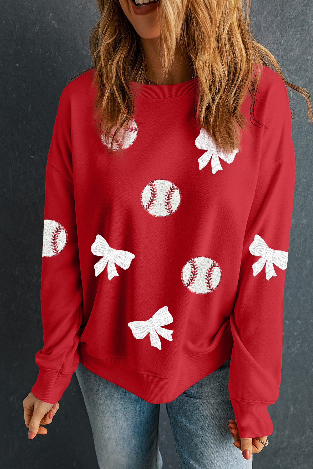 Red Sequin Baseball Bow Patched Pattern Game Day Pullover Sweatshirt - loveforevers