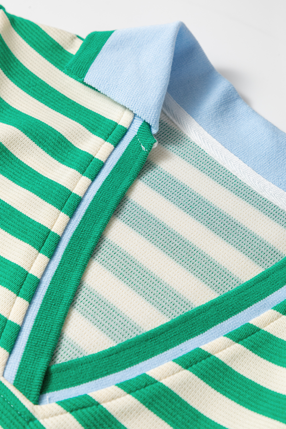 Green Striped Contrast Collar Split Neck Long Sleeve Mini Dress - loveforevers