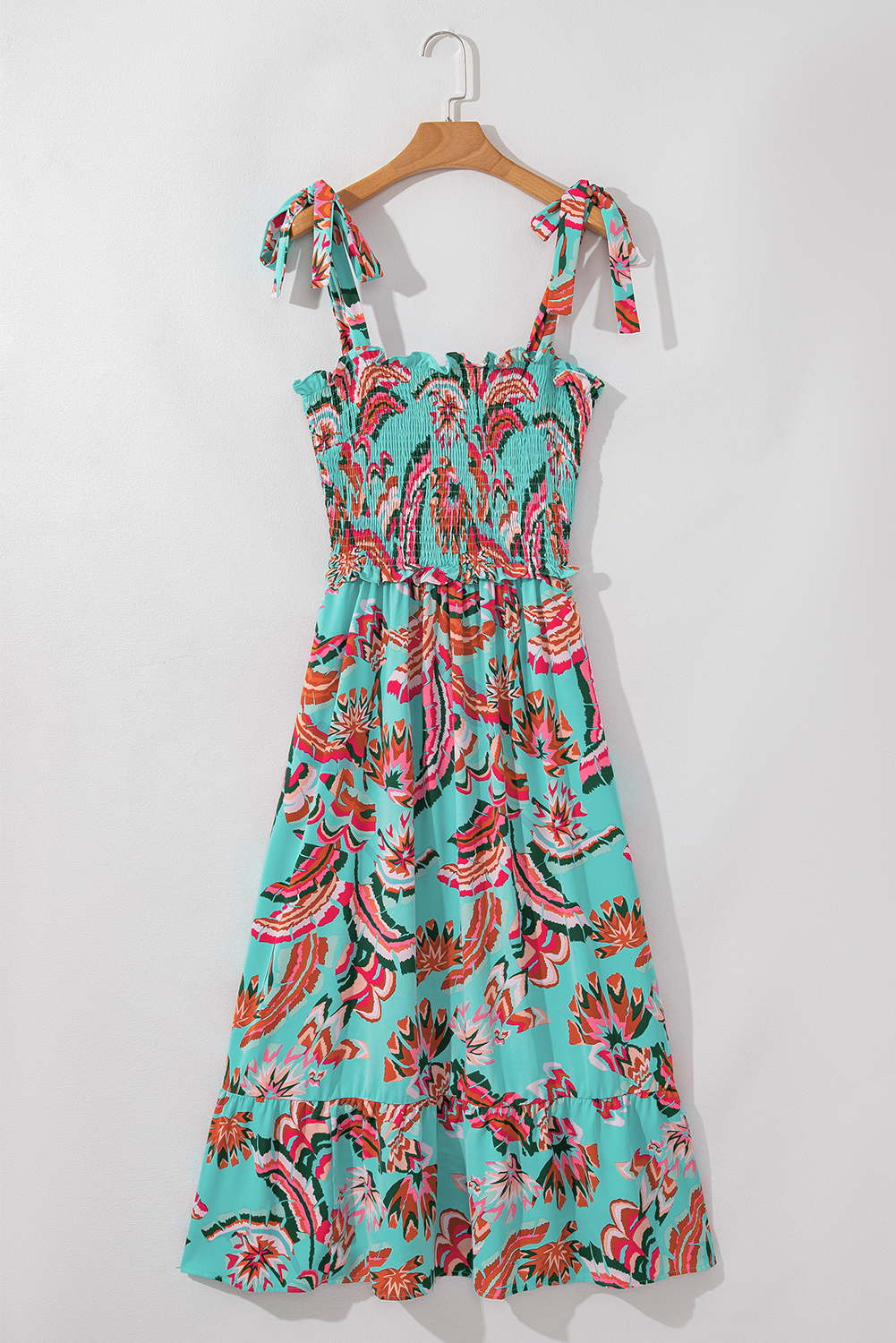 Green Abstract Print Smocked Bodice Knotted Straps Ruffled Maxi Dress - loveforevers