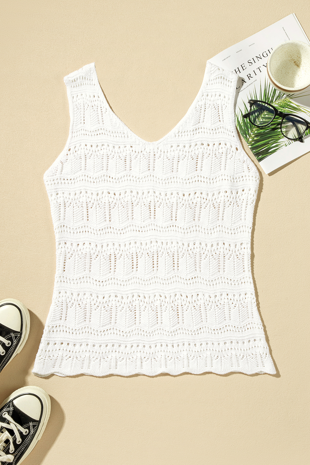 White V Neck Textured Hollow-out Sweater Vest - loveforevers