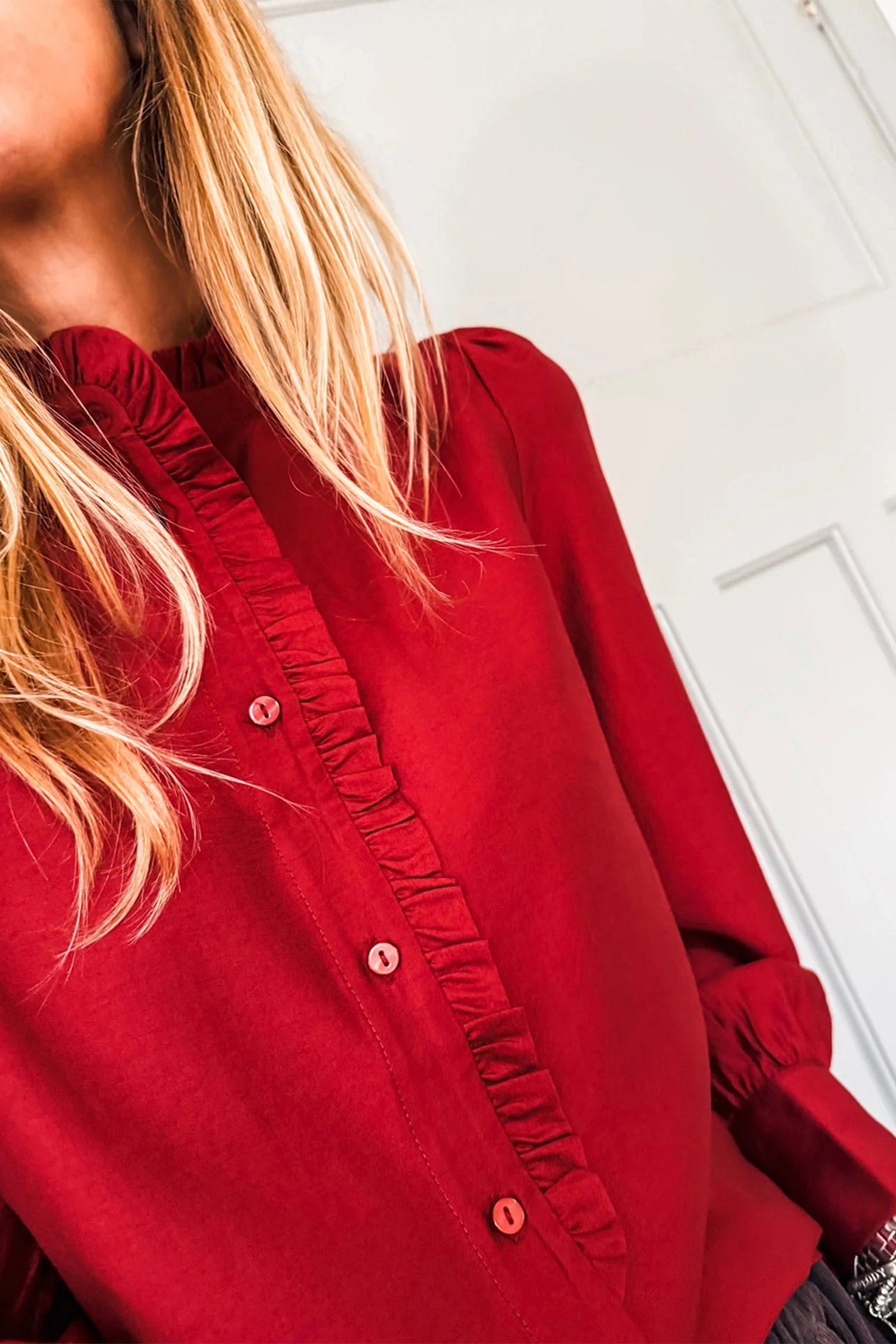 Fiery Red Frilled Trim Button Up Pleated Long Sleeve Shirt - loveforevers