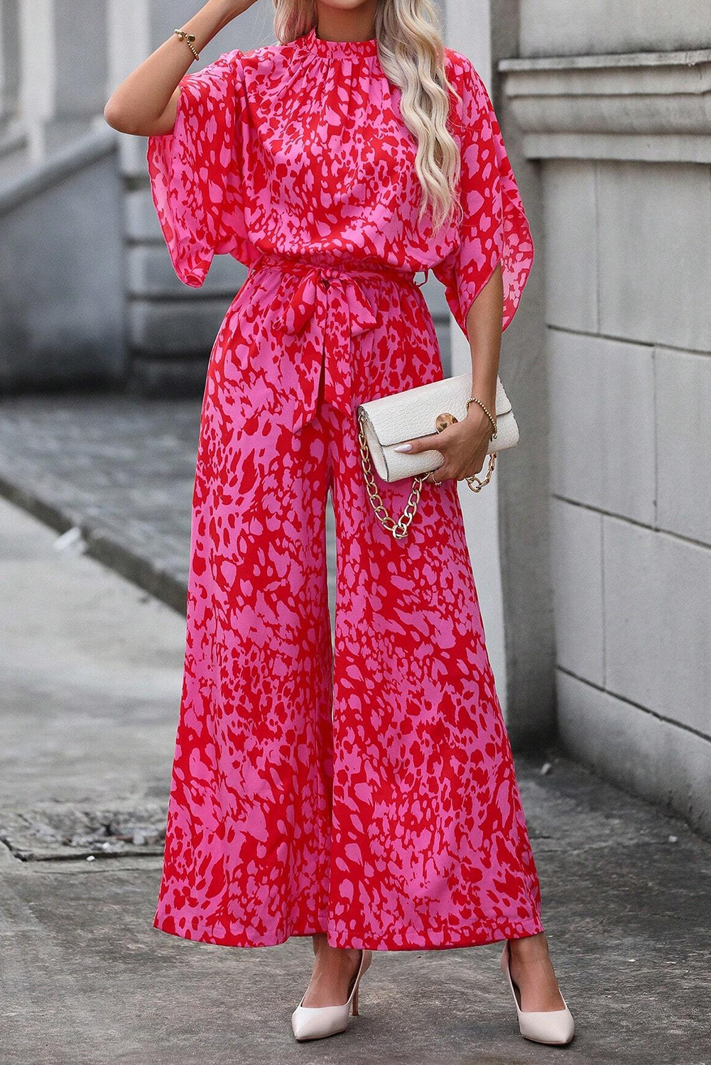 Rose Leopard Loose Sleeve Belted Wide Leg Jumpsuit - loveforevers