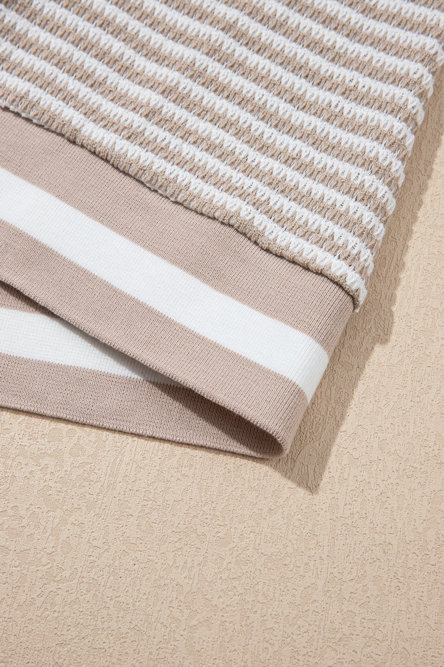 Beige Striped Textured Knit V Neck Casual Top - loveforevers