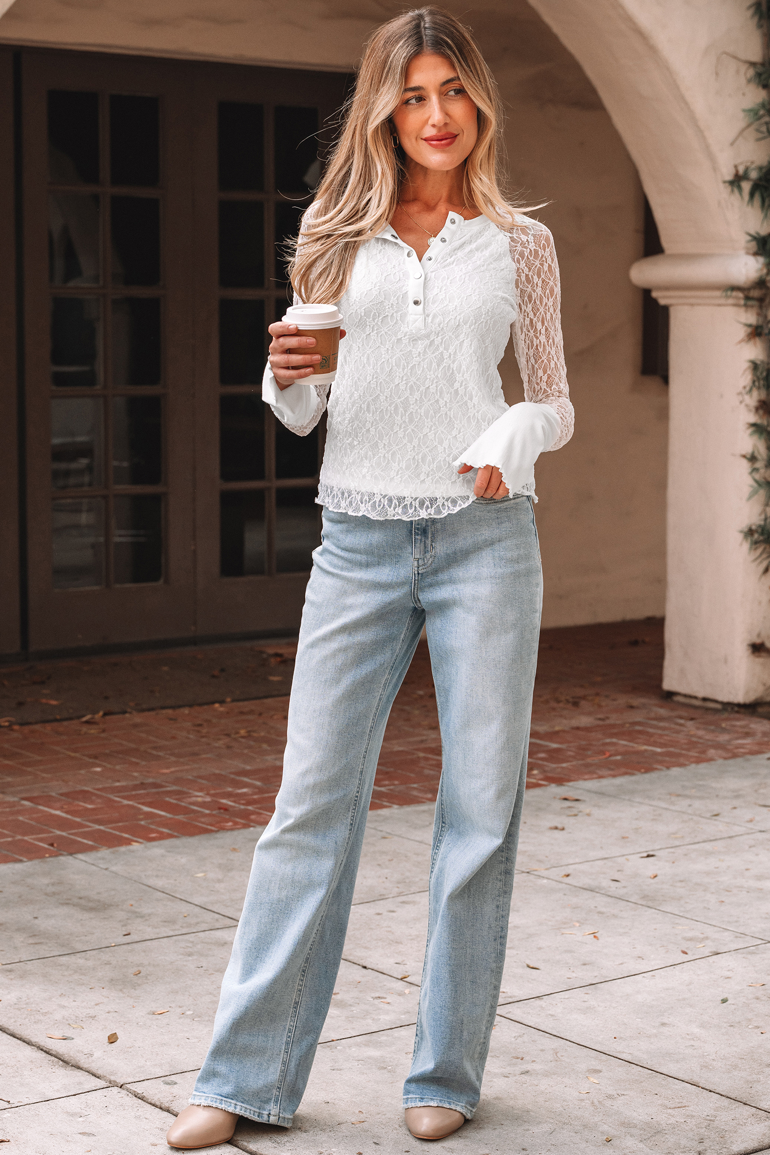White Sheer Lace Long Sleeve Slim Henley Top - loveforevers