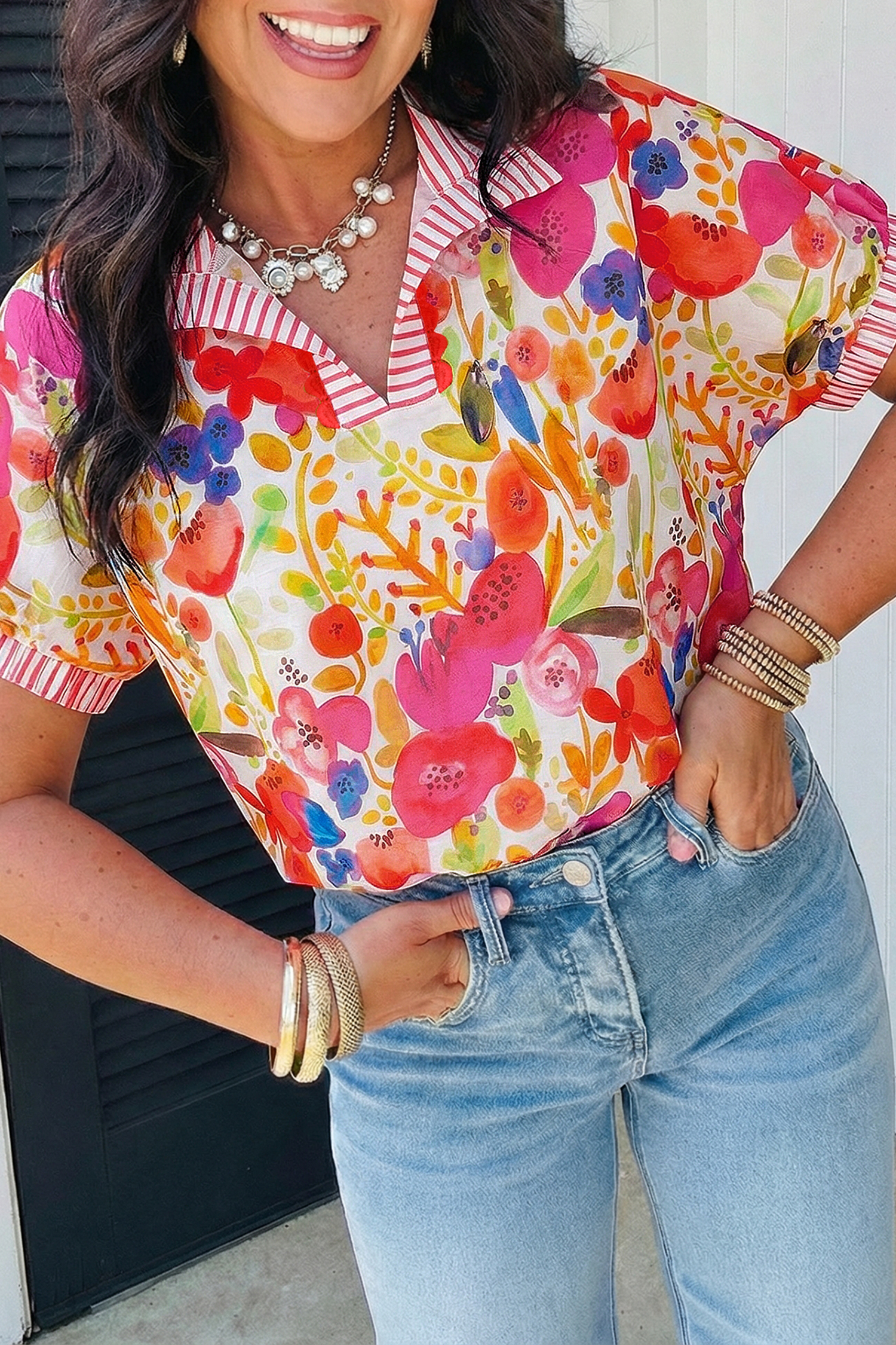 Rose Striped Trim Collared V Neck Short Sleeve Floral Print Blouse - loveforevers