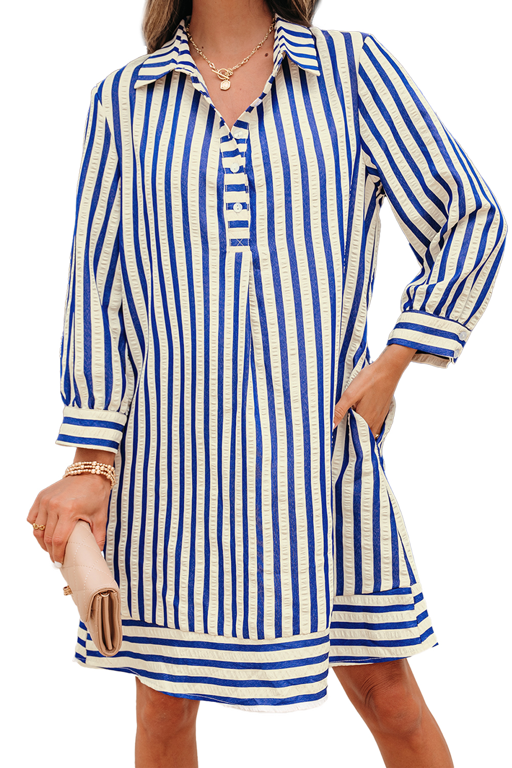 Blue Stripe Collared Half Button Side Pockets Loose Fit Mini Dress - loveforevers