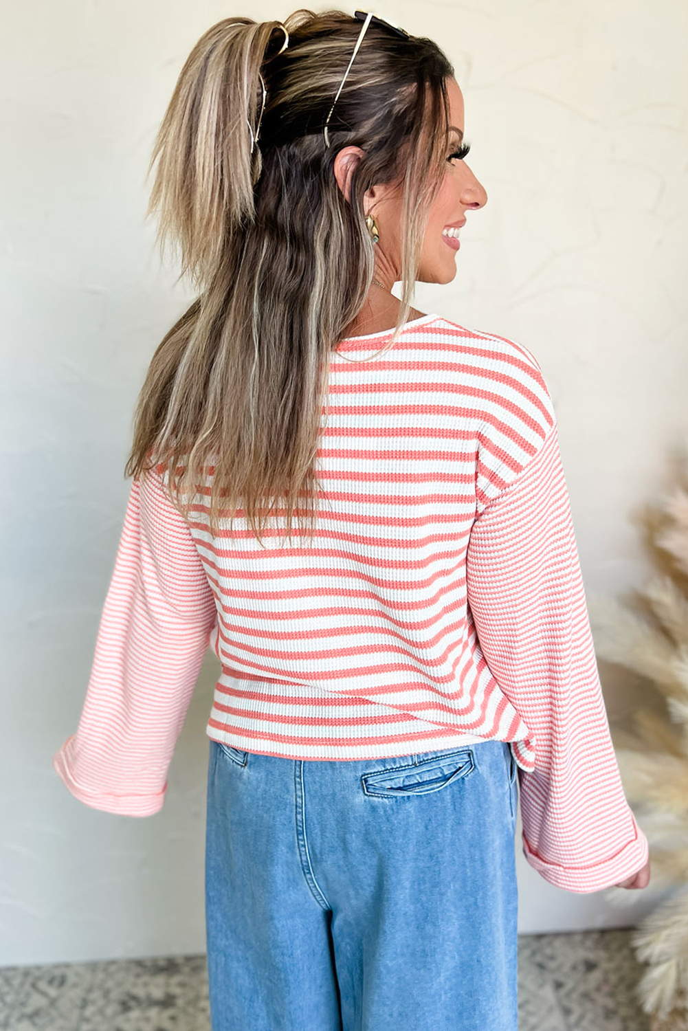 Pink Stripe Textured Contrast Dropped Long Sleeve Top - loveforevers