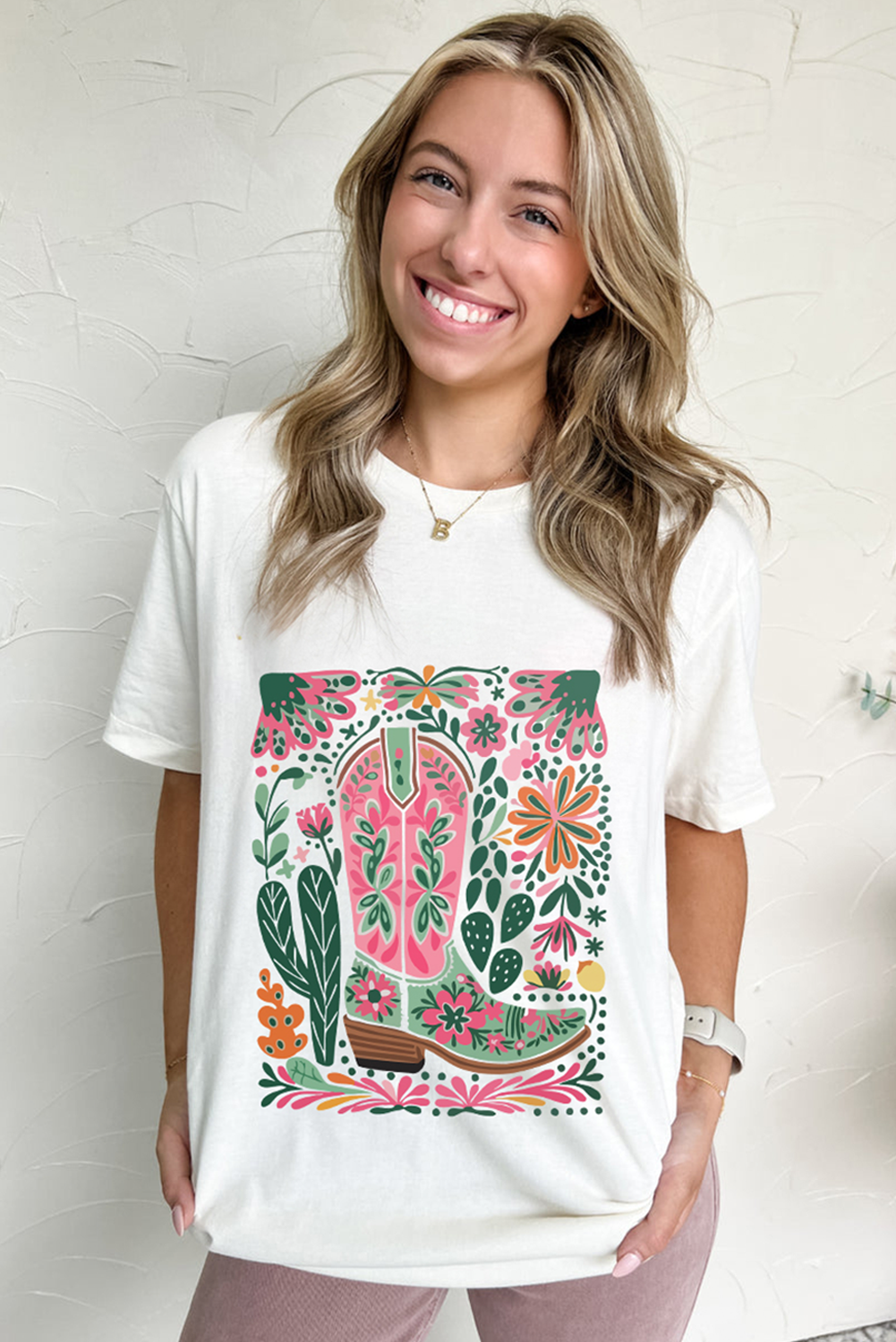 White Western Boot Flower Print Crew Neck Loose Tee - loveforevers