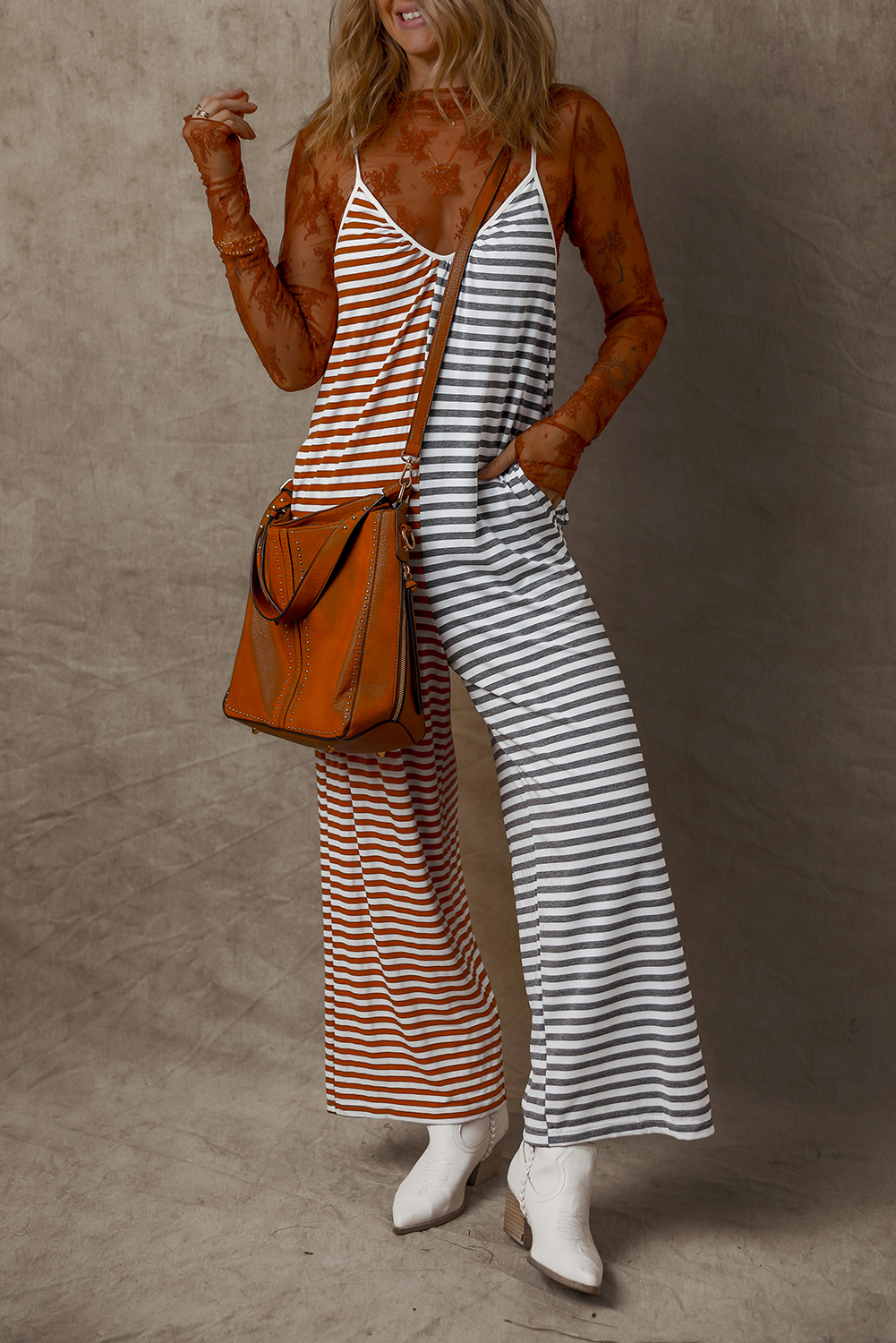 Yellow Stripe Two Tone Contrast Spaghetti Strap Backless Overall - loveforevers