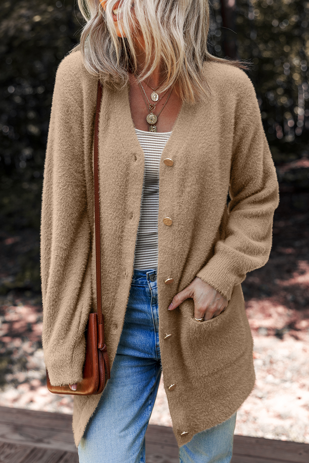 White Fuzzy Buttoned Front Midi Solid Cardigan - loveforevers