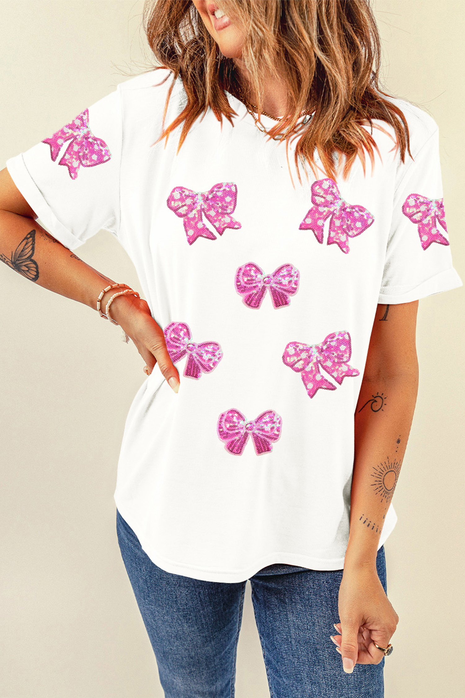 White Shimmering Bow Patched Pattern Valentine T Shirt - loveforevers