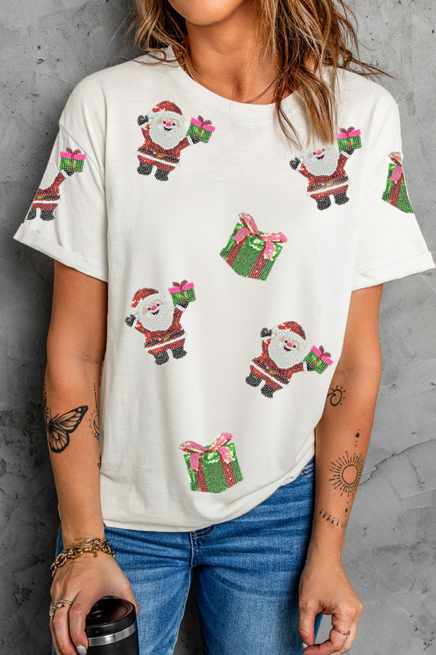 White Santa Deliver Gift Sequin Patched Christmas T Shirt - loveforevers