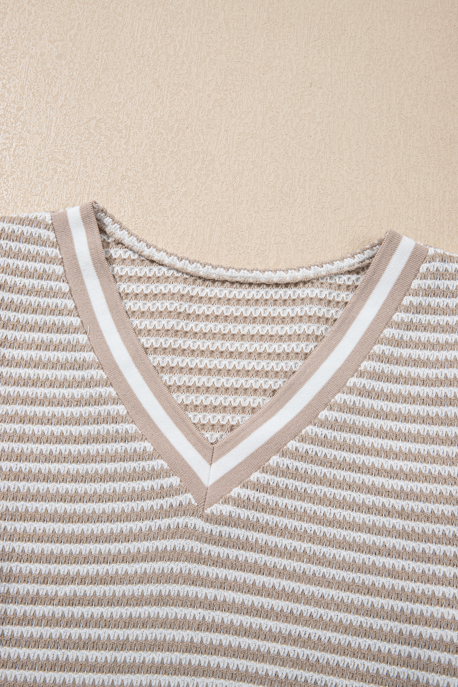 Beige Striped Textured Knit V Neck Casual Top - loveforevers