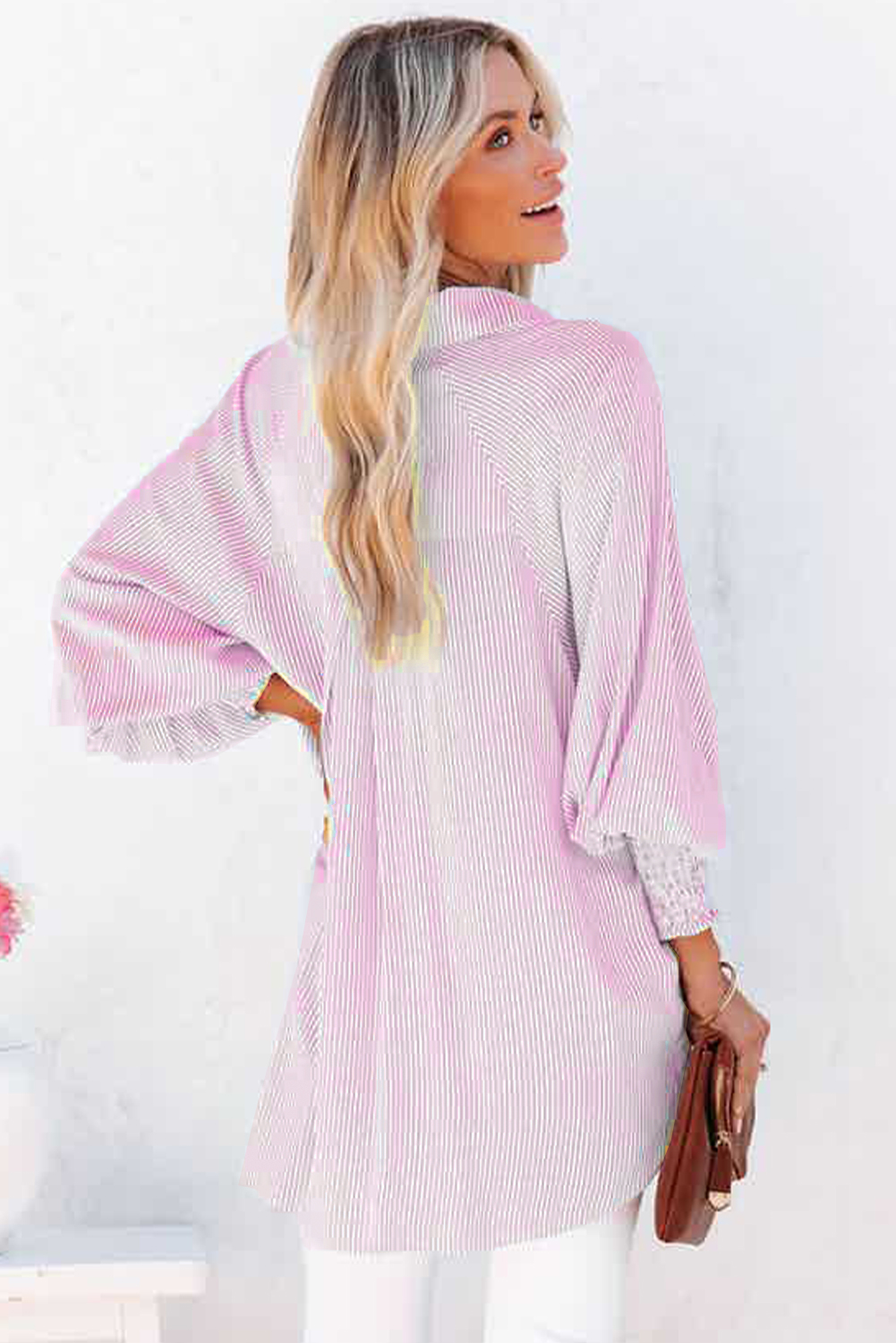 Red Stripe Smocked Cuffed Striped Boyfriend Shirt with Pocket - loveforevers