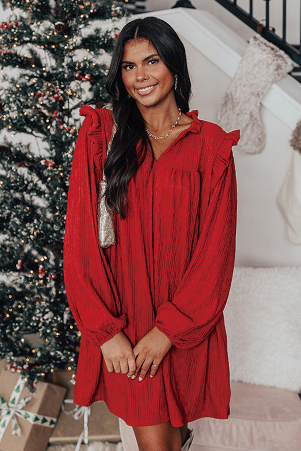 Fiery Red Textured Ruffled Trim V Neck Loose Fit Mini Dress - loveforevers
