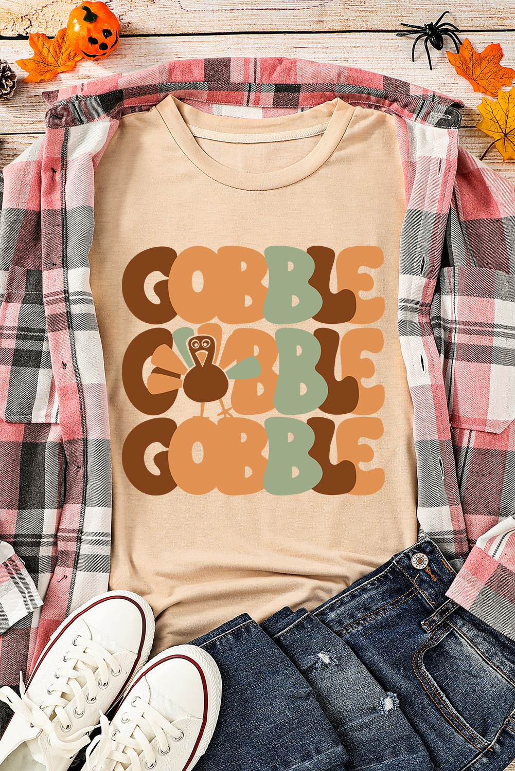 Khaki GOBBLE Turkey Print Thanksgiving Fashion Tee - loveforevers