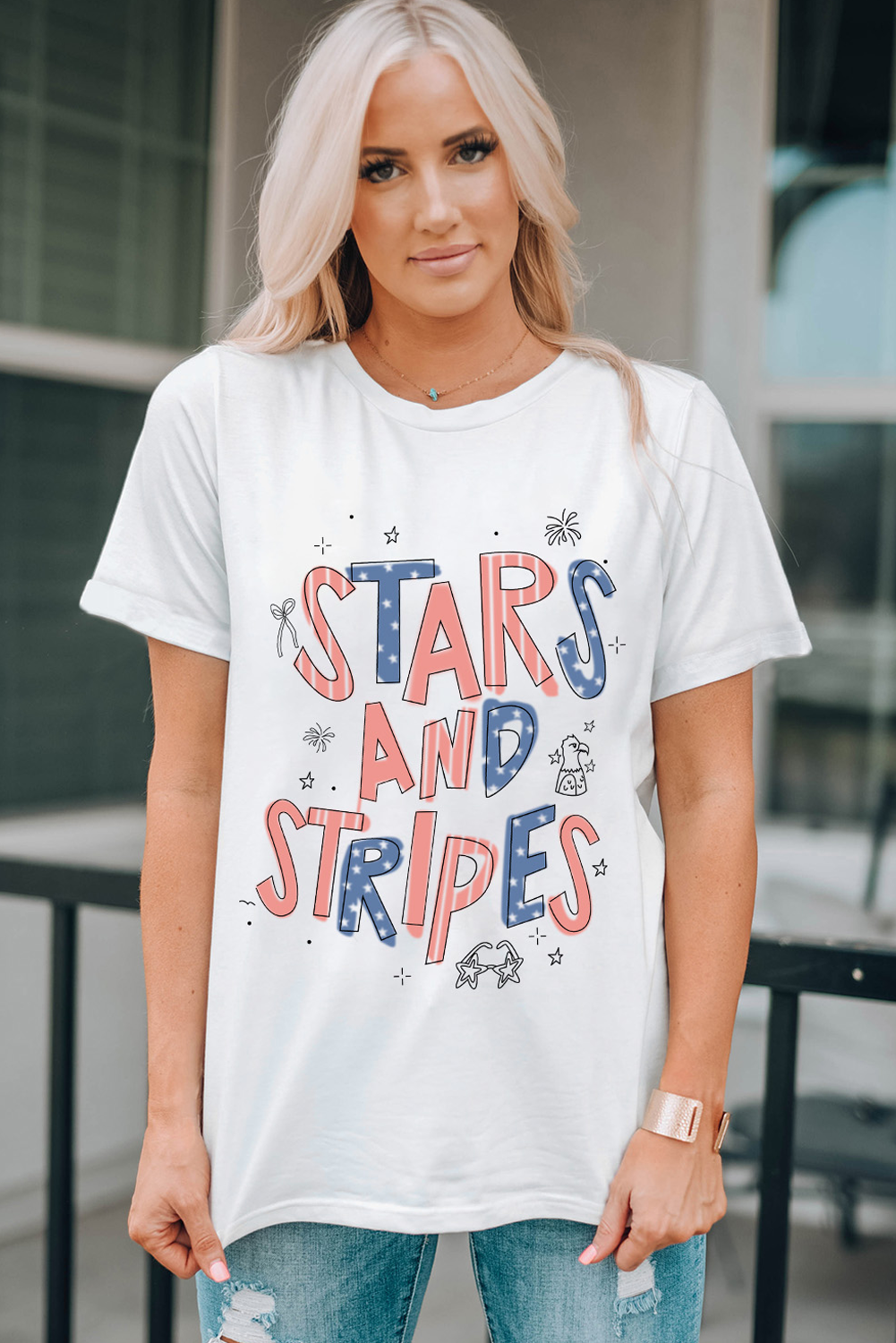 White STARS AND STRIPES Crew Neck Graphic Tee - loveforevers