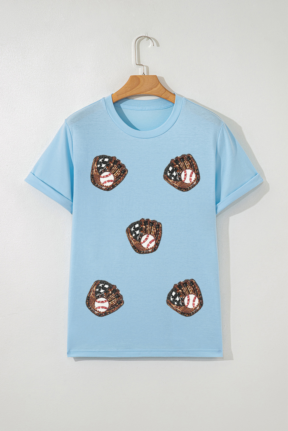 Light Blue Gopher Ball Sequin Patched Casual T Shirt - loveforevers