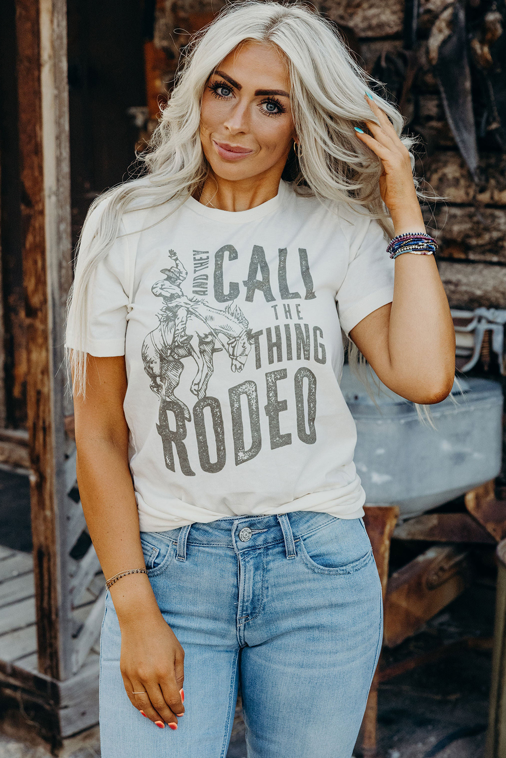 White AND THEY CALL THE THING RODEO Print Round Neck T Shirt - loveforevers