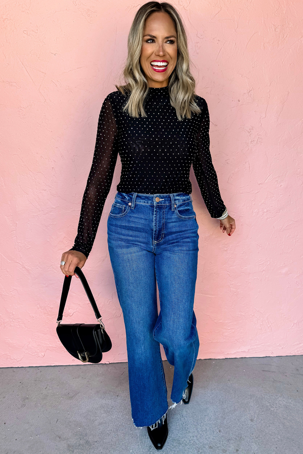 Black Rhinestone Embellished Mesh Long Sleeve Top - loveforevers