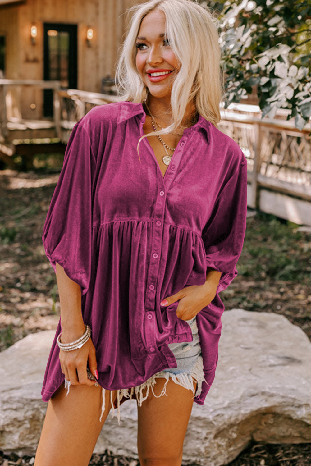 Burgundy 3/4 Sleeve Tunic Babydoll Velvet Shirt - loveforevers