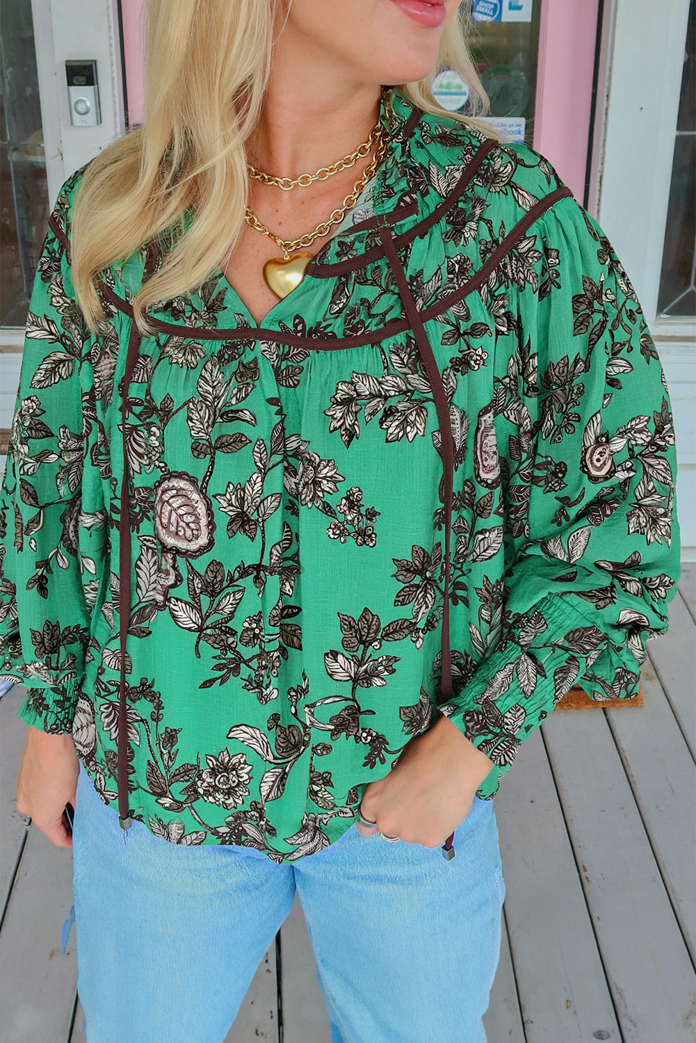 Green Leaves Print Contrast Trim V Neck Shirred Puff Sleeve Blouse - loveforevers