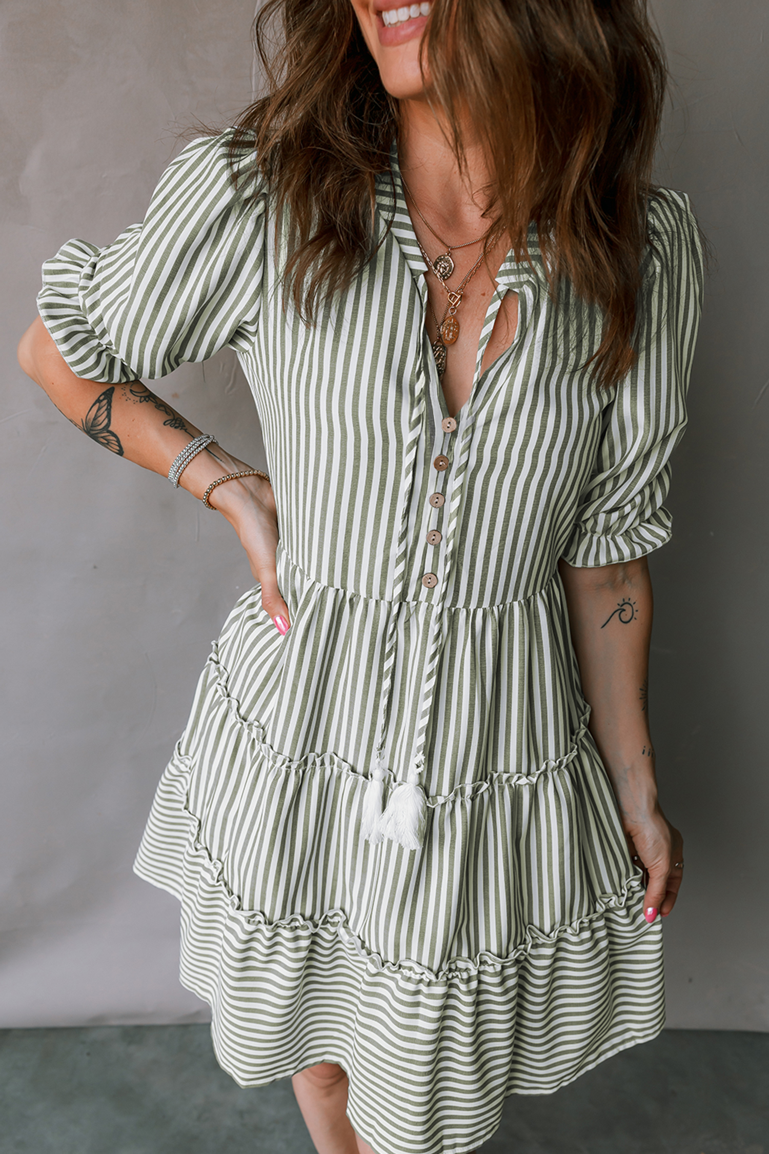 Green Stripe Tasseled Tie Neck Ruffled Short Sleeve Tiered Flattering Dress - loveforevers
