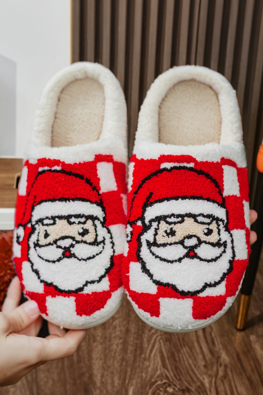 Fiery Red Checkered Santa Claus Graphic Plush Home Slippers - loveforevers