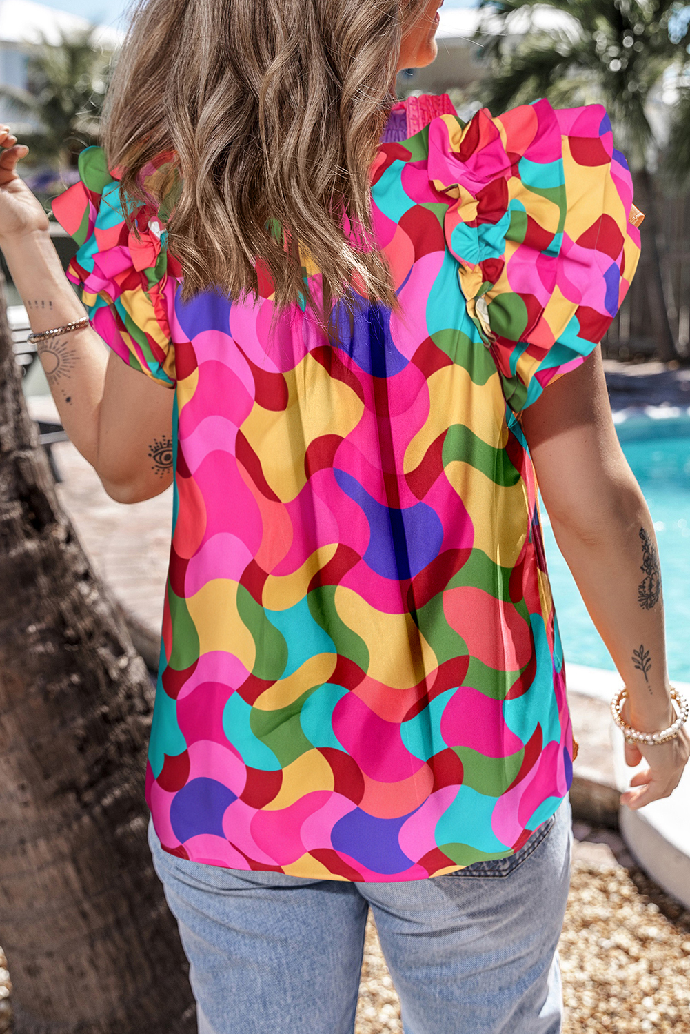 Rose Red Dramatic Ruffle Sleeve Smock Neck Wavy Print Top - loveforevers