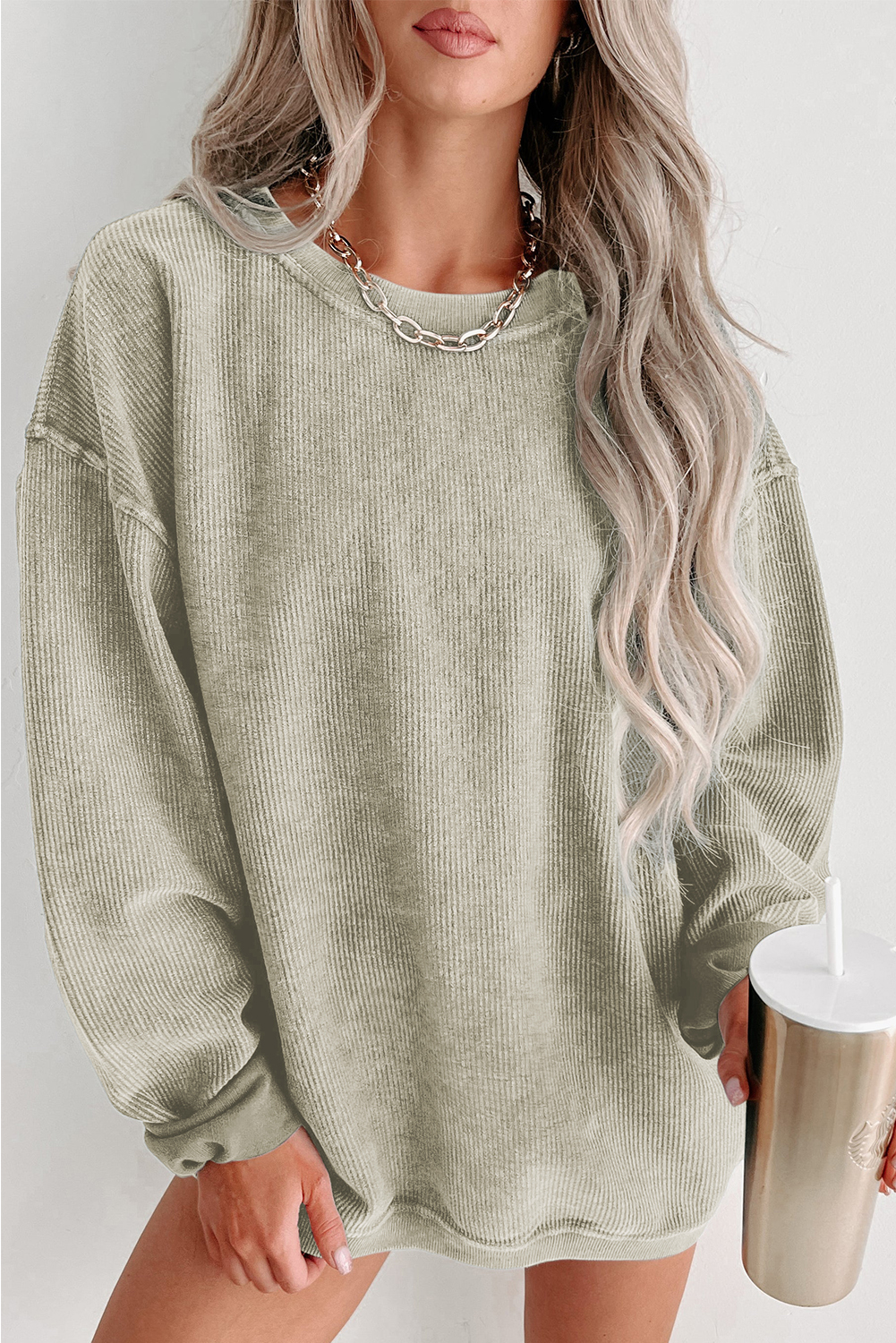 Pink Solid Ribbed Knit Round Neck Pullover Sweatshirt - loveforevers
