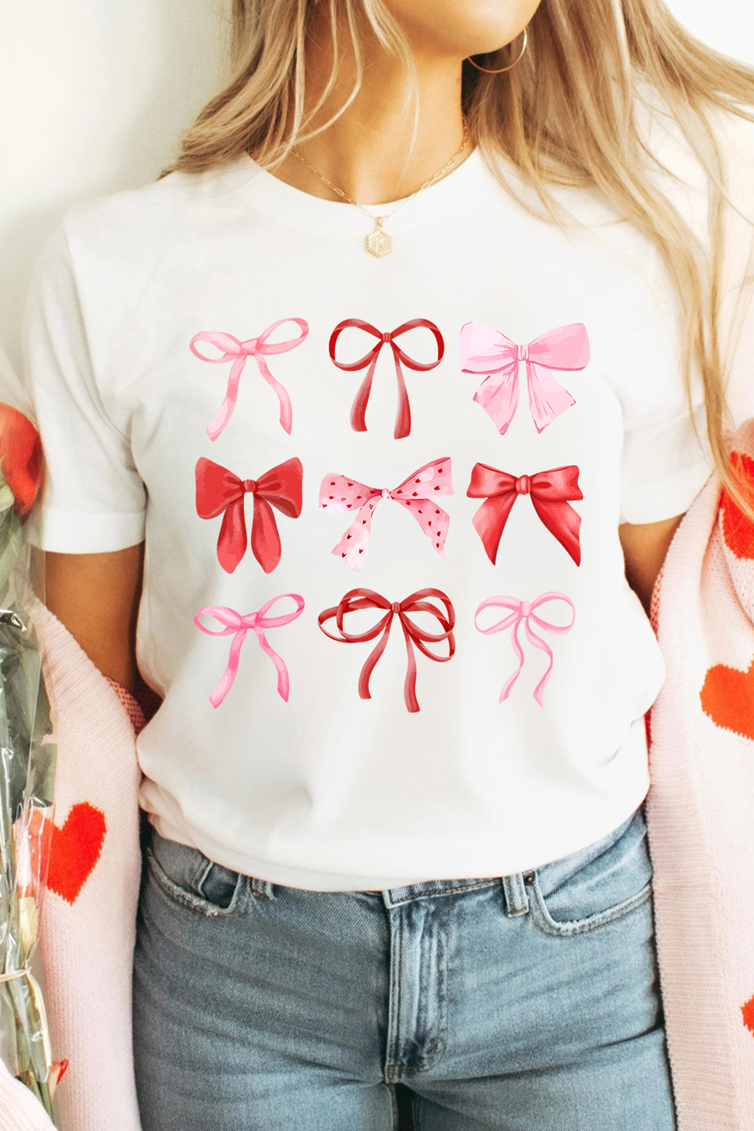 White Diverse Bow Printed Valentines Fashion T Shirt - loveforevers
