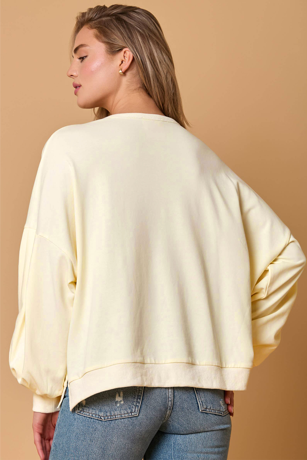 Beige Tinsel Flower Dropped Puff Sleeve Sweatshirt - loveforevers