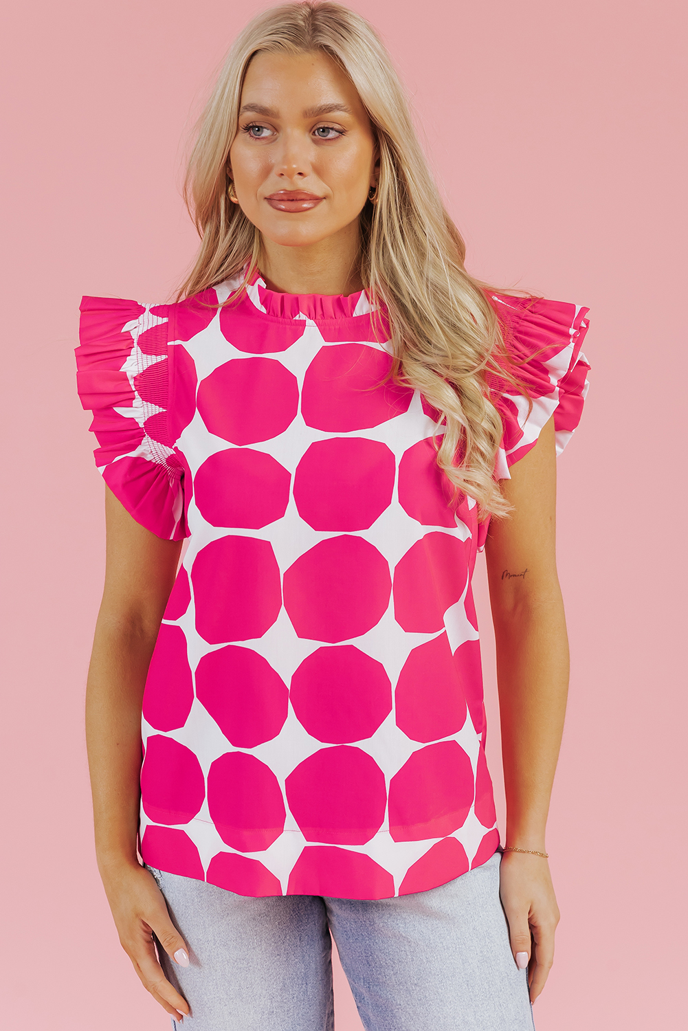 Rose Bubblegum Pattern Frilled Collar Flutter Sleeve Top - loveforevers