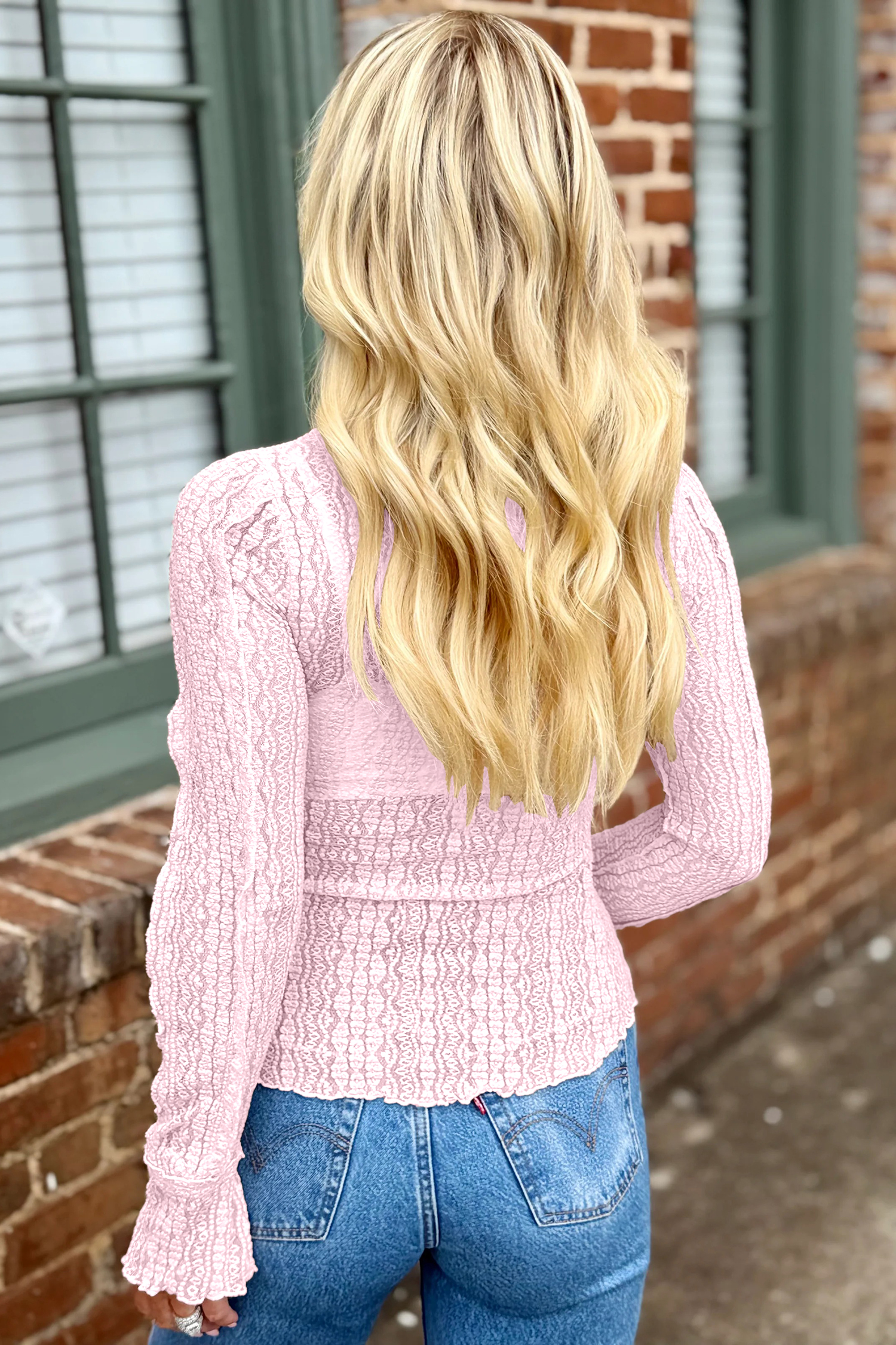 Apricot Flounced Long Sleeve Mock Neck Sheer Lace Top - loveforevers