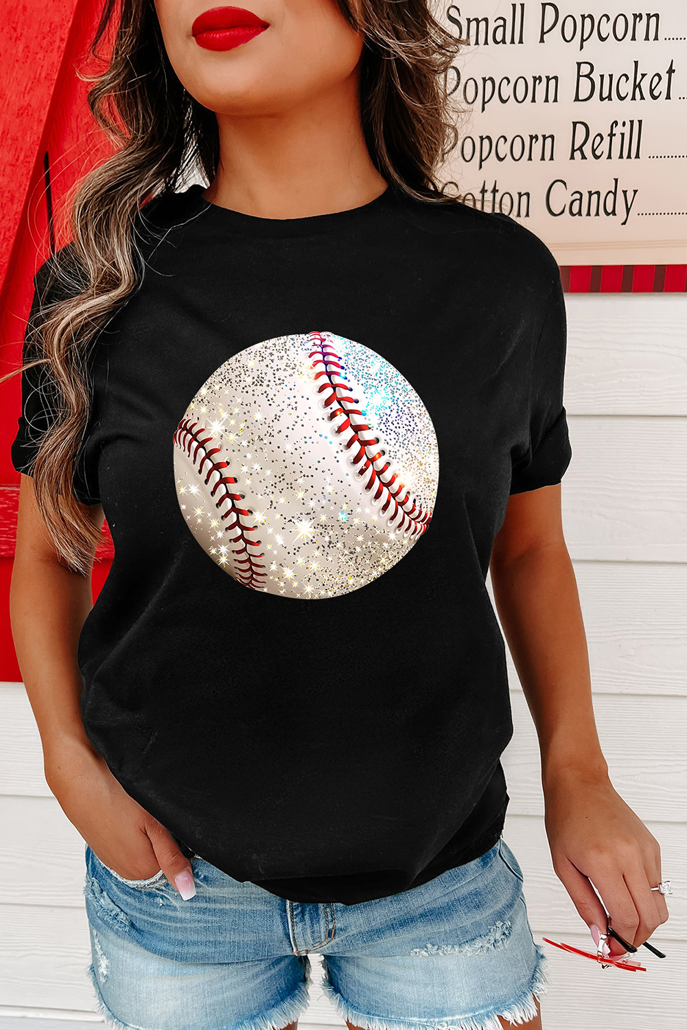 Black Heat Transfer Baseball Print Cotton Blend T Shirt - loveforevers