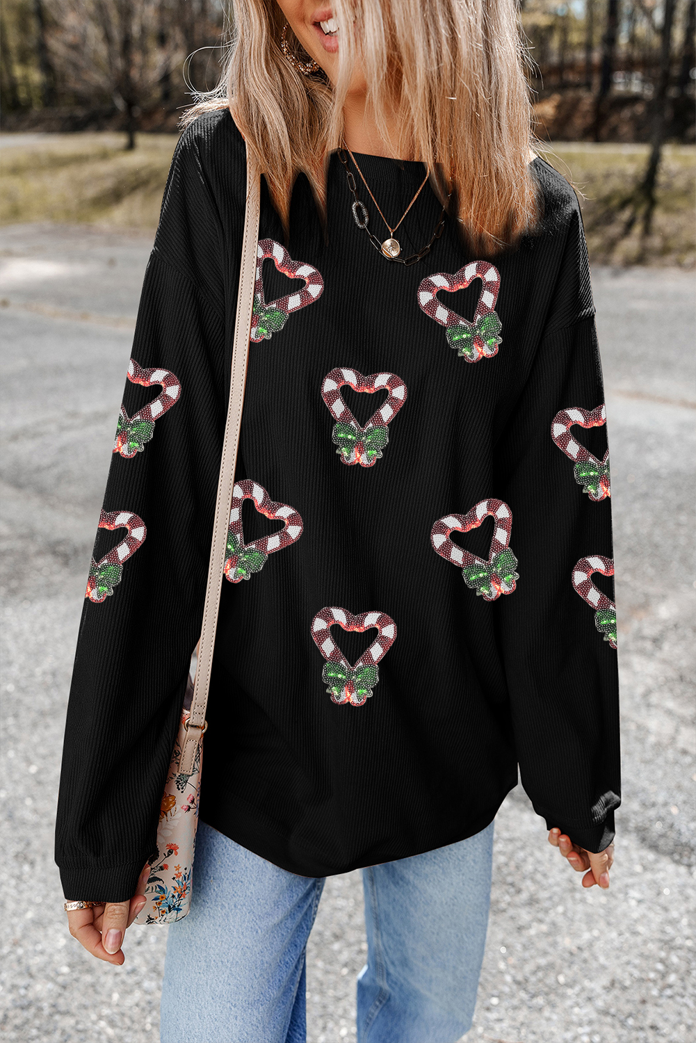 Black Sequin Christmas Candy Cane Heart Graphic Drop Shoulder Ribbed Sweatshirt - loveforevers