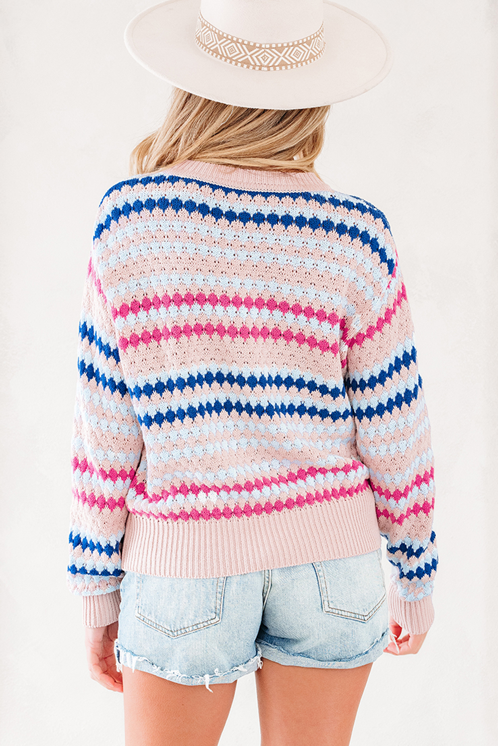 Brown Stripe Eyelet Patterned Drop Shoulder Sweater - loveforevers