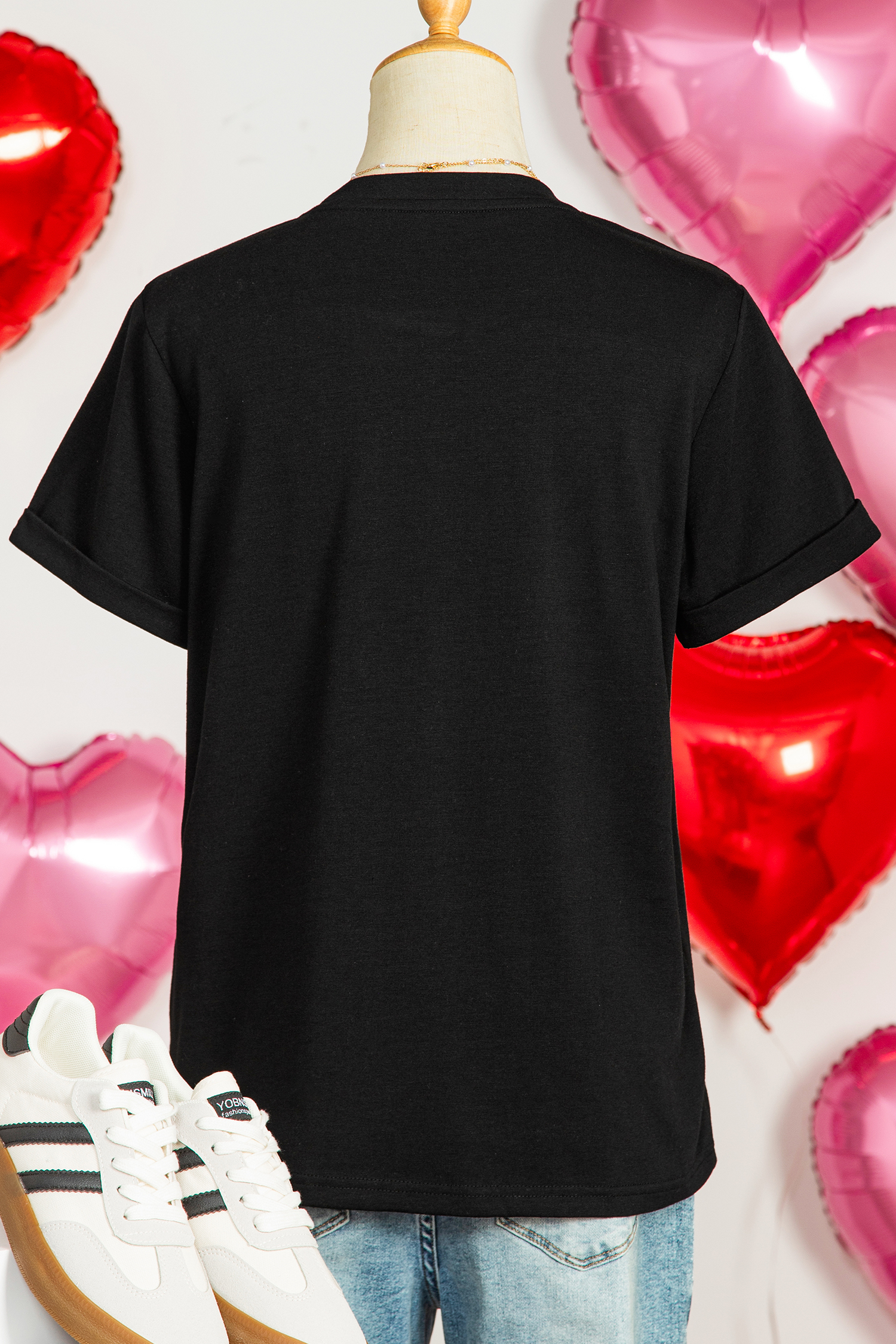 Black Valentines Bow XOXO Heart Sequin Patched Loose T Shirt - loveforevers