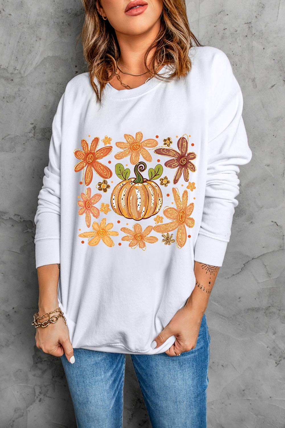 White Flower Pumpkin Printed Cotton Blend Sweatshirt - loveforevers
