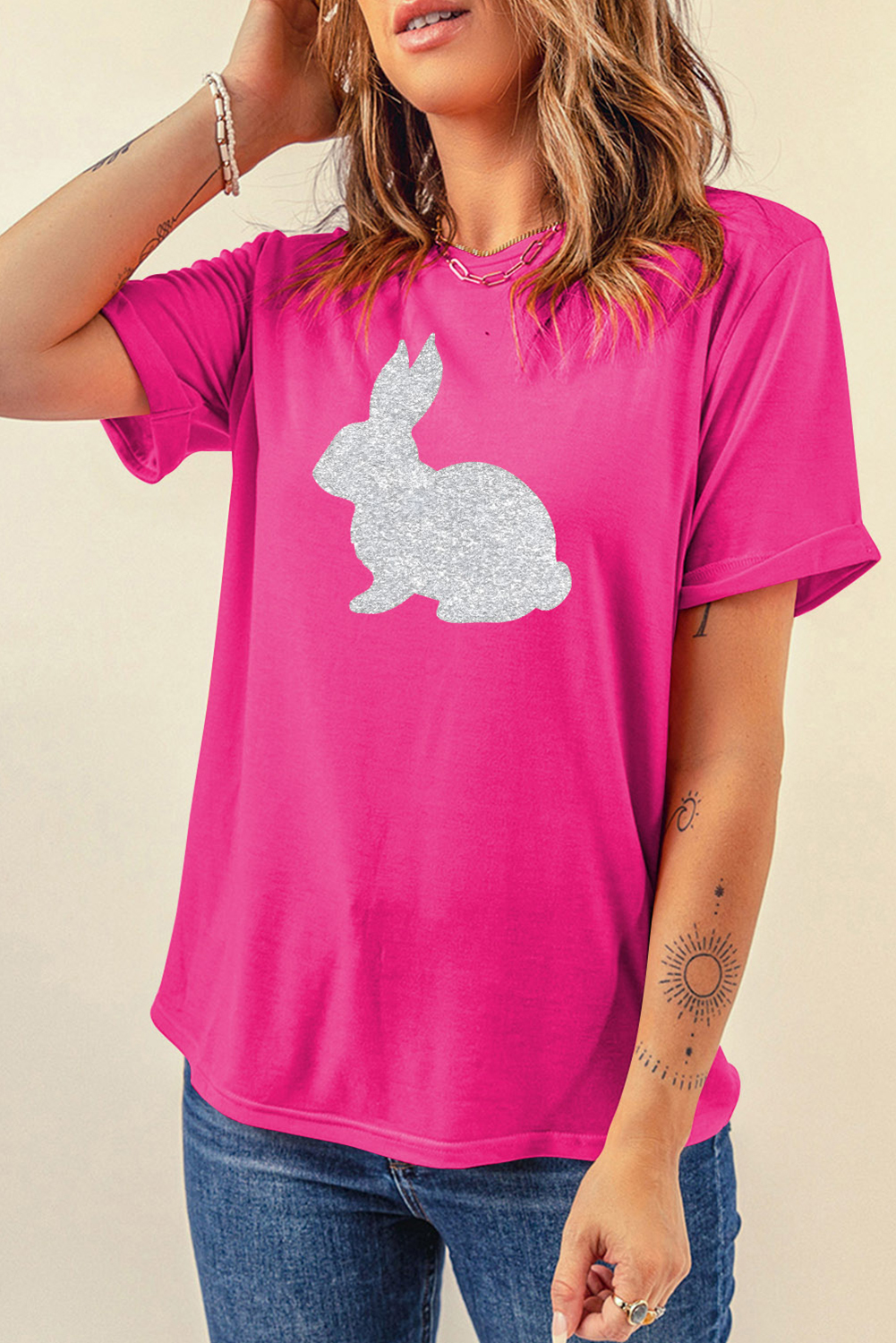 Rose Red Glitter Easter Bunny Graphic Crew Neck Tee - loveforevers