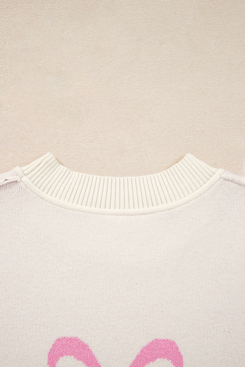 Pink Bow Print Ribbed Trim Exposed Seam Drop Shoulder Loose Sweater - loveforevers